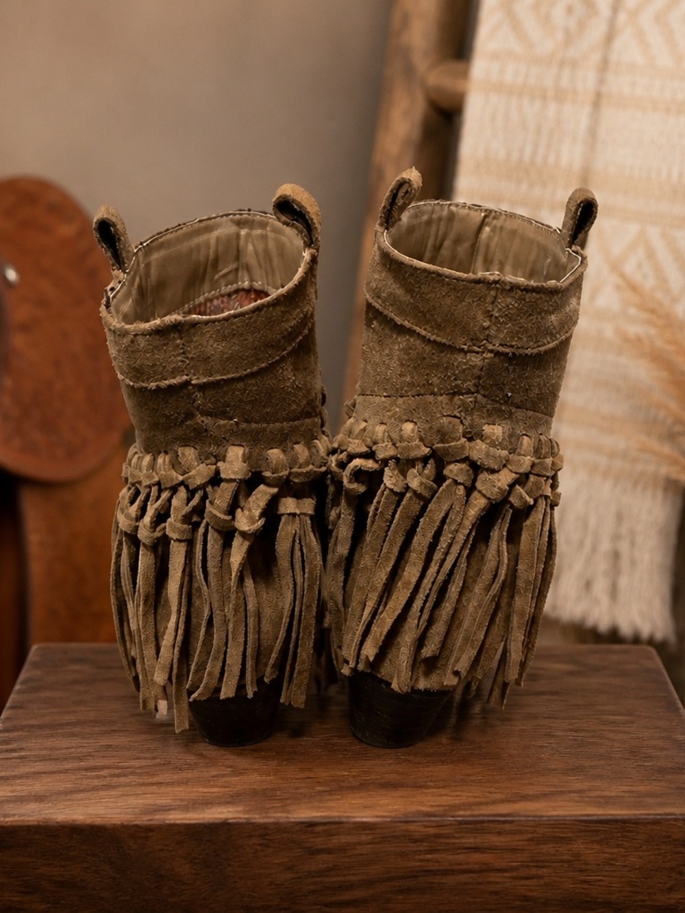 Sbicca Olive Brown Suede Fringe Ankle Boots - Picture 5 of 5